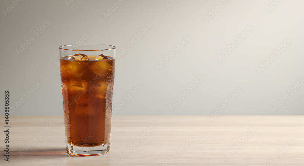 Iced Tea Refreshment: A Cold Drink With Ice Cubes On A Wooden Table Iced Tea Refreshment: A Cold Drink With Ice Cubes On A Wooden Table