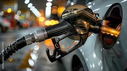 Fueling Car at Gas Station Close-up of Nozzle Dispensing Gasoline, Emphasizing Energy Consumption