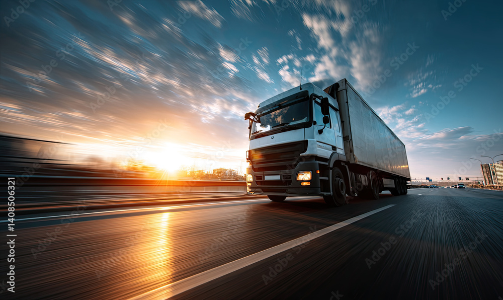 A dynamic view of a truck driving on a highway at sunset, showcasing motion and transport A dynamic view of a truck driving on a highway at sunset, showcasing motion and transport