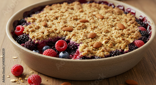 Delicious Berry Crumble with Almonds Served on Wooden Surface