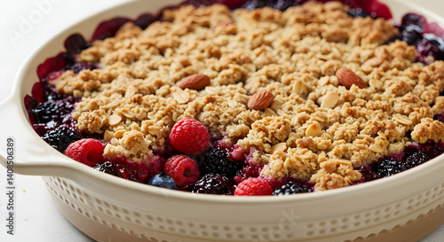 Berry Crumble Dessert Freshly Baked With Almonds And Crisp Topping