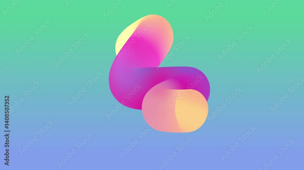 looped 3d animation of yellow pink geometric chubby rounded zigzag shape moving over the blue green gradient background
