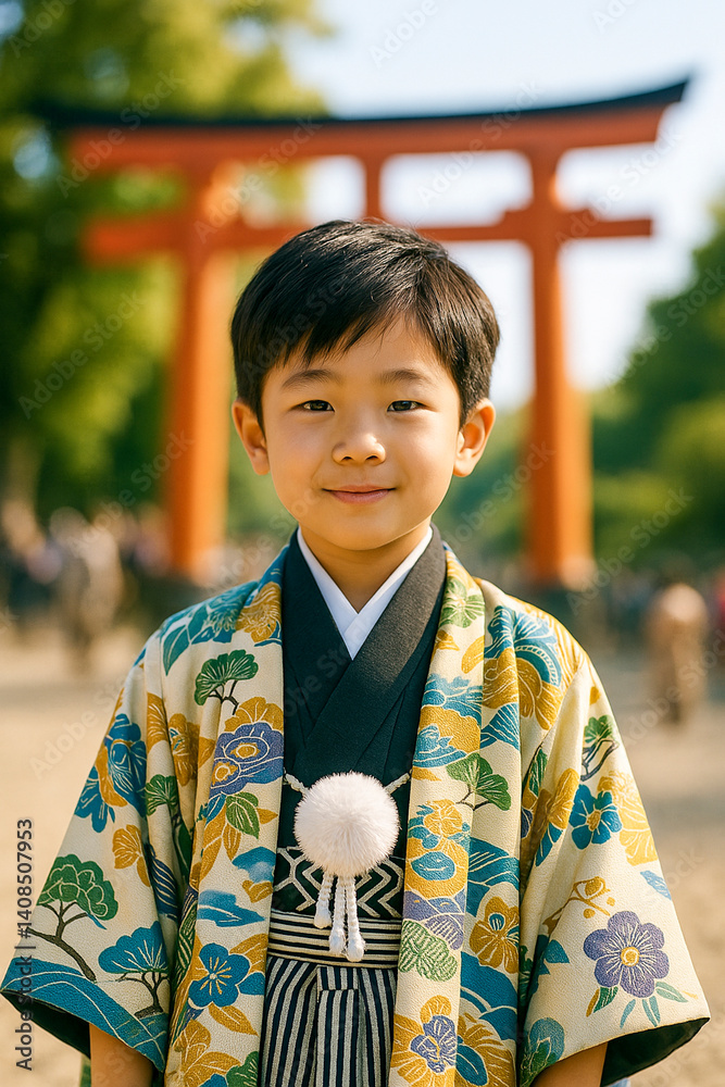 Japanese Boy in Traditional Kimono at Torii Gate Shrine Japanese Boy in Traditional Kimono at Torii Gate Shrine