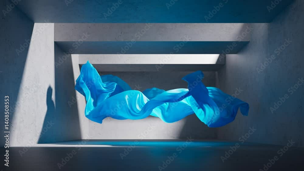 3D animation. Minimalist aesthetic fashion background. Blue textile cloth floating inside the concrete room illuminated by contrast daylight. Silky drapery waving in the air