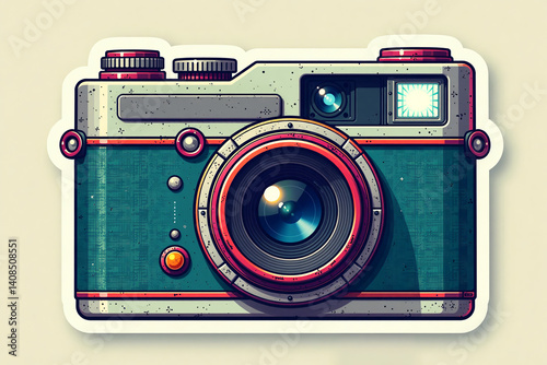 Vintage 35mm film camera sticker illustration in teal and off-white representing retro photography.