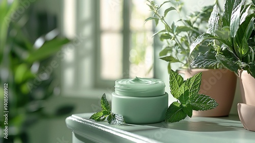 Green cream jar with fresh mint leaves