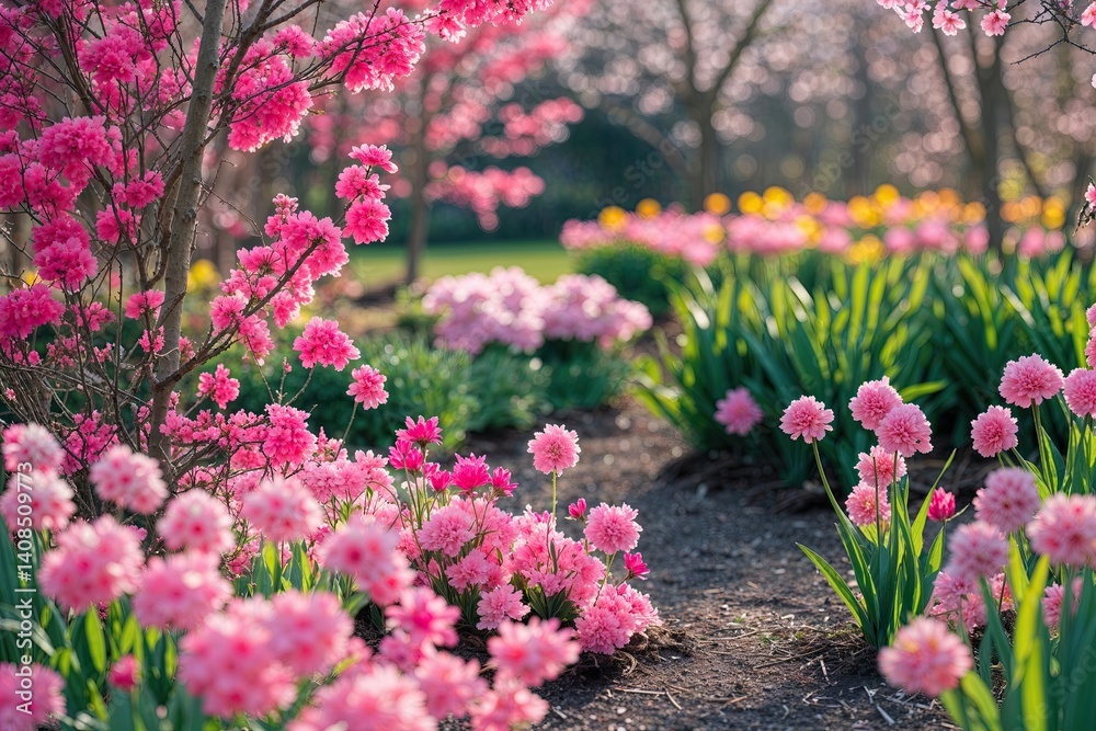 Obraz premium Outdoor Spring Garden with Colourful Pink Flowers and Bright Nature Backgrounds
