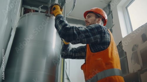Plumber installing a water heater at a construction site. Featuring attention to detail and skill