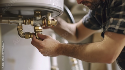 Plumber installing a water heater at a construction site. Featuring expertise and care