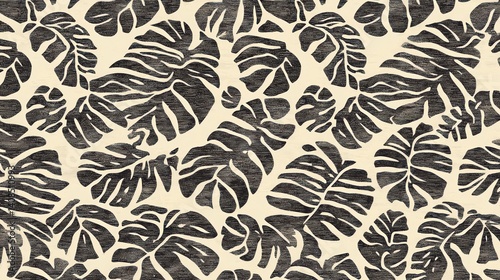 Monstera Leaf Pattern Backdrop with Dark Gray Leaves on Cream