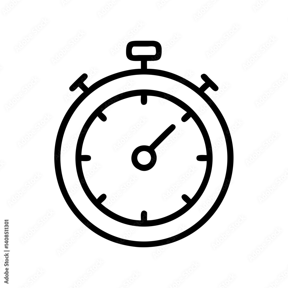 Illustration of a simple stopwatch with a visible hand and top button design in black outline style Illustration of a simple stopwatch with a visible hand and top button design in black outline style