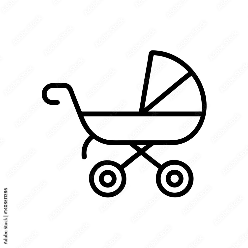 Illustration of a baby stroller with a rounded hood and four wheels in a minimalist line art style Illustration of a baby stroller with a rounded hood and four wheels in a minimalist line art style