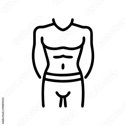 Outline drawing of a torso with visible abs and waistline with arms behind the back in black lines