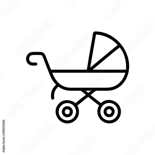 Illustration of a baby stroller with a rounded hood and four wheels in a minimalist line art style