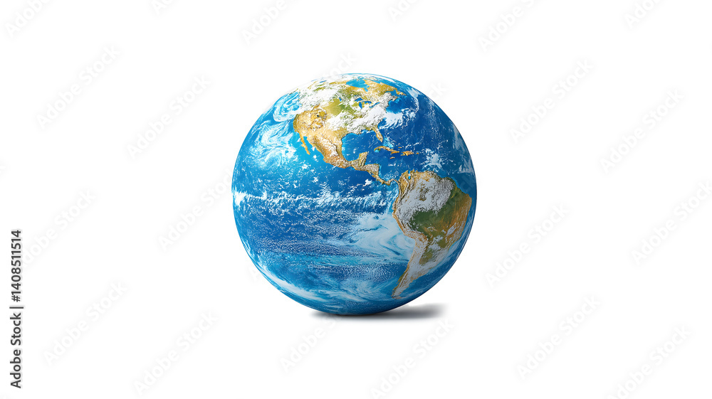 Fototapeta premium A round, blue and white globe with the continents of North America and South America. The globe is placed on a white background, giving it a sense of depth and realism