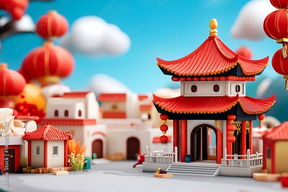 Fototapeta premium Colorful Asian Architecture in a Vibrant Cartoon Landscape