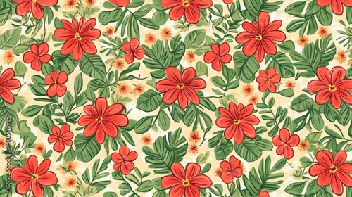 Red Flowers and Green Leaf Pattern with Seamless Floral Design