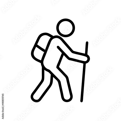 Line drawing of a hiker with backpack and hiking stick in a simple black and white illustration style