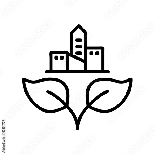 Illustration of a city skyline resting on two leaves symbolizing sustainable urban development concept