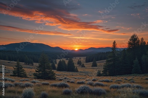 Beautiful Dusk Panorama with Orange-Tinted Skies Over a Serene Wilderness Landscape