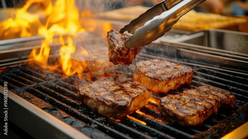 Chef grilling steaks on barbecue with flames and tongs
