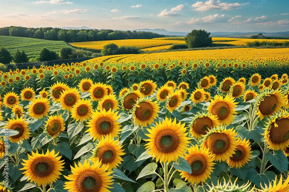 Obraz premium Vibrant Dynamic Yellow Sunflower Field in a Joyful Summer Panorama
