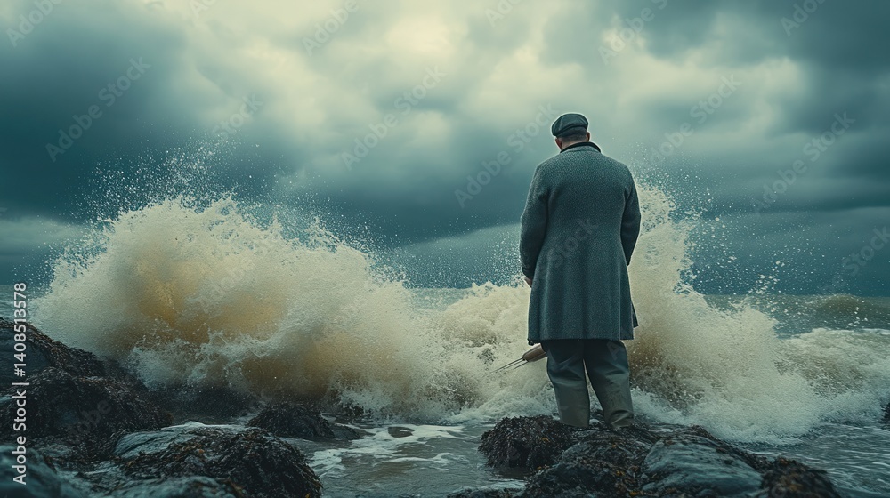 Fototapeta premium A solitary figure standing against the stormy sea facing crashing waves and an overcast sky