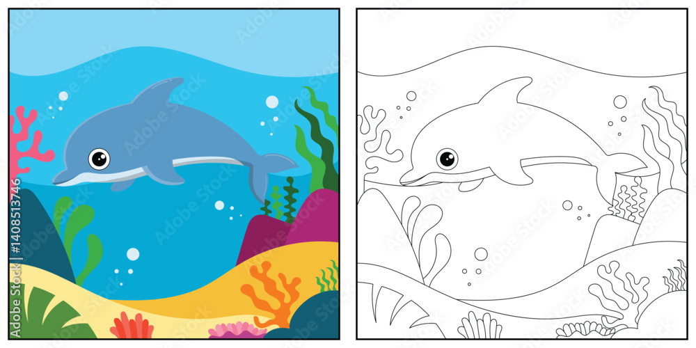 Obraz premium Vector illustration with algae, dolphin and sea floor. Cute square page coloring book for children. Simple funny kid's drawing.