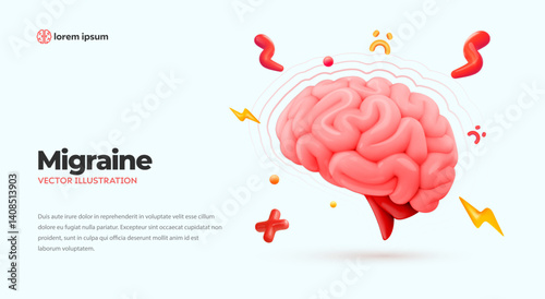 Brain Pain and Migraine Concept with Red 3D Brain, Symbols of Headache, and Medical Elements on Light Background. Vector Illustration.