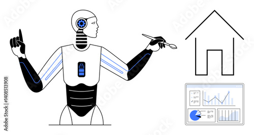 Futuristic AI robot creating a smart home concept with digital pen, house sketch, and dashboard analytics. Ideal for innovation, technology, AI, automation, creativity, smart living simple landing
