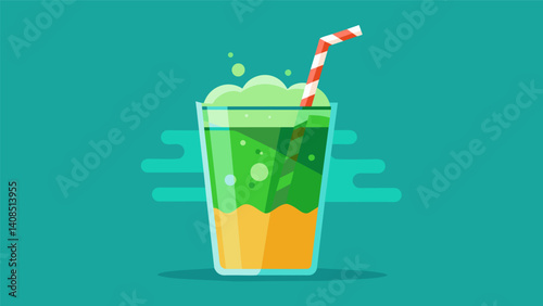 A vibrant green straw is added peeking through the frothy layer of the tail inviting the first sip.. Vector illustration