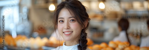 Young Woman with Braided Hair Smiling in Bakery with Bread in Background, Shallow Depth of Field