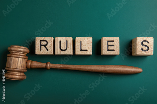 Wooden gavel beside blocks spelling 'RULES' on a dark green background, symbolizing law and order photo