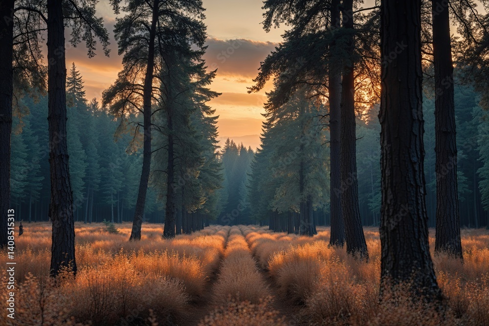 Fototapeta premium Dreamlike Larch Woodlands at Dusk - A Harmonious Adventure in Nature's Splendor