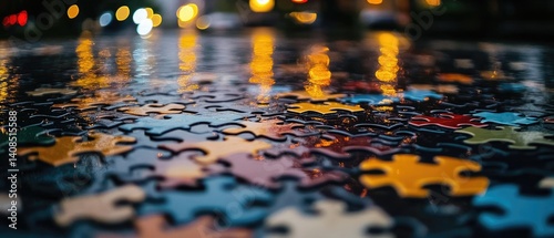 Colorful jigsaw puzzle pieces reflecting city lights. photo