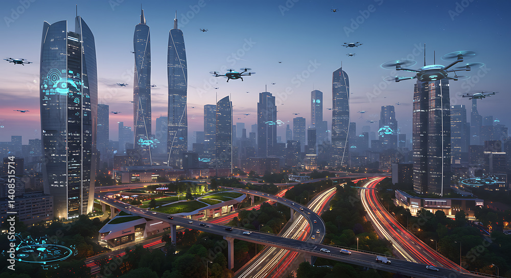 Obraz premium A futuristic city skyline with AI-powered drones, autonomous vehicles, and smart infrastructure visual elements, concept illustration