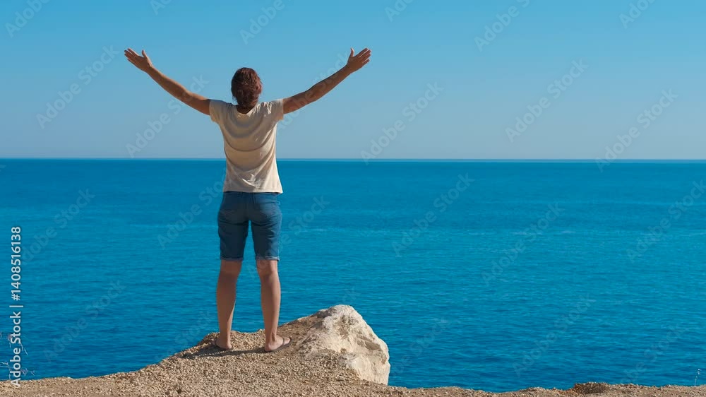 Woman embracing freedom on cliff edge with open arms. Woman standing on rocky cliff edge, spreading arms wide while embracing panoramic ocean and sky, embodying freedom, joy, and boundless journey Woman embracing freedom on cliff edge with open arms. Woman standing on rocky cliff edge, spreading arms wide while embracing panoramic ocean and sky, embodying freedom, joy, and boundless journey