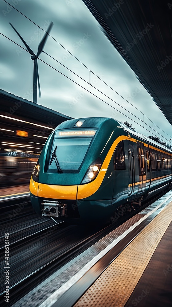 Fototapeta premium High-speed train moving swiftly through a modern train station.