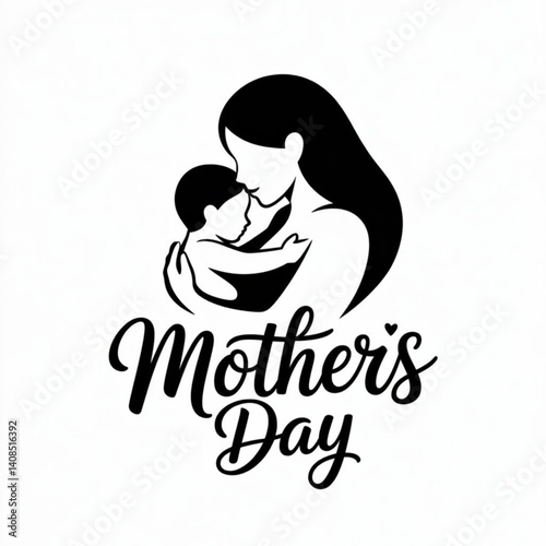 Illustration of Mother and baby stylized vector symbol, mom hugs her child. Hand drawn silhouette. Happy Mothers Day celebration. Vector Lettering design.vector isolated on a white background