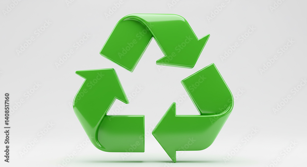 A glossy green recycling symbol with arrows on a white background in a studio shot style A glossy green recycling symbol with arrows on a white background in a studio shot style