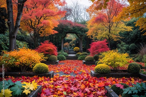 Vibrant Autumn Scenery with Colorful Leaves and Natural Backdrop in the Garden
