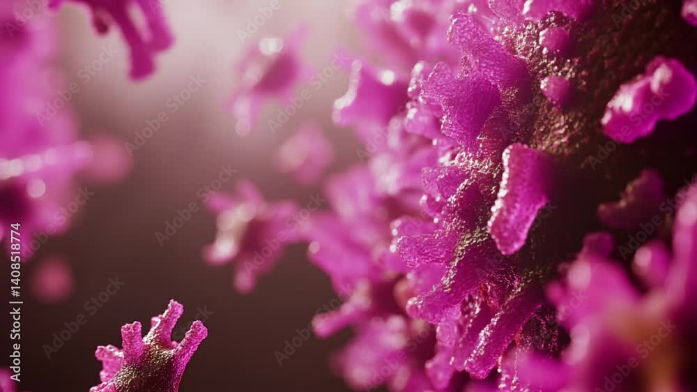 Visualización 3D de virus y bacterias a nivel microscópico color morado con ambiente color rosa.
