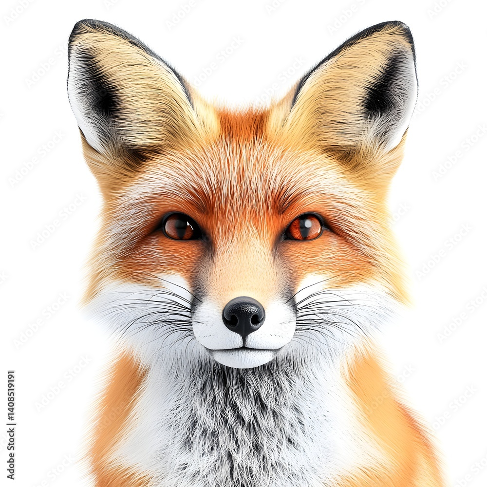 Fototapeta premium A stunning close-up portrait of a vibrant red fox with striking amber eyes and luxurious fur against a pure white background.