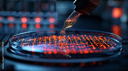 Liquid being dispensed onto a petri dish with glowing red colonies