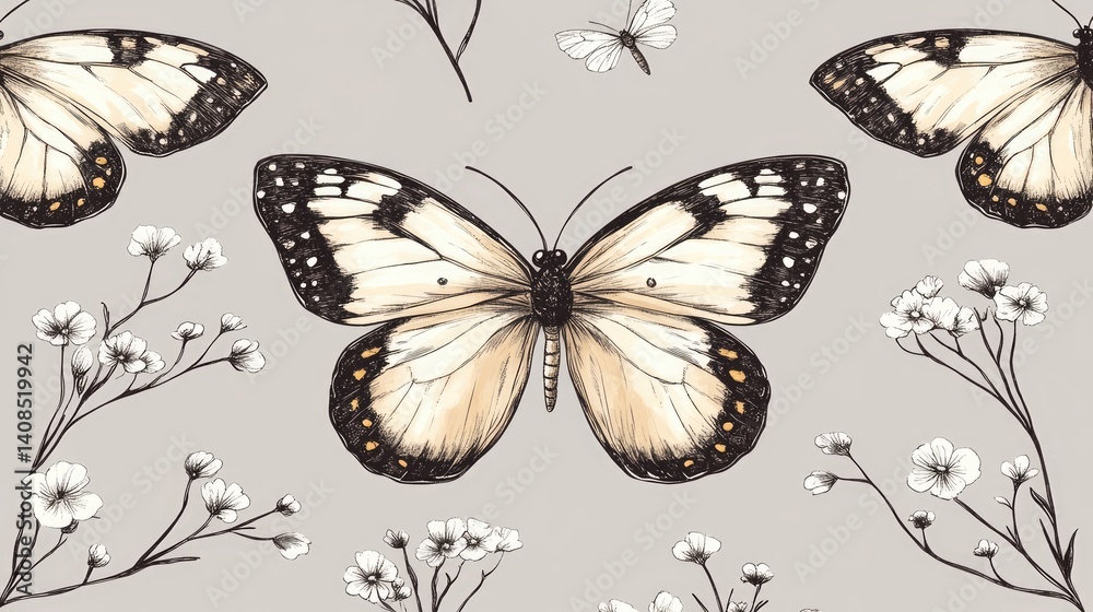 Obraz premium Delicate butterfly and flower pattern design.