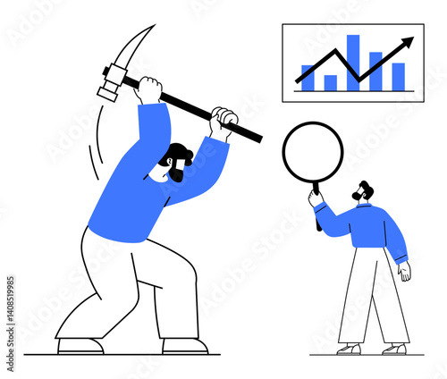 Worker mining with pickaxe, teammate analyzing with magnifying glass, chart rising up. Ideal for teamwork, data mining, growth, problem-solving, finance, strategy simple landing page