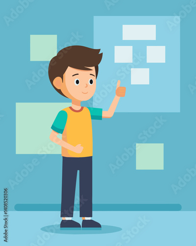 A young boy standing in front of a blank wall his hands making swift gestures as he codes a virtual mural to appear before him.. Vector illustration