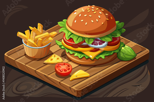vector of A juicy burger with melted cheese, fresh lettuce and tomato, accompanied by crispy potato wedges and creamy coleslaw on a dark wooden plate. Suitable for fast food and dining...