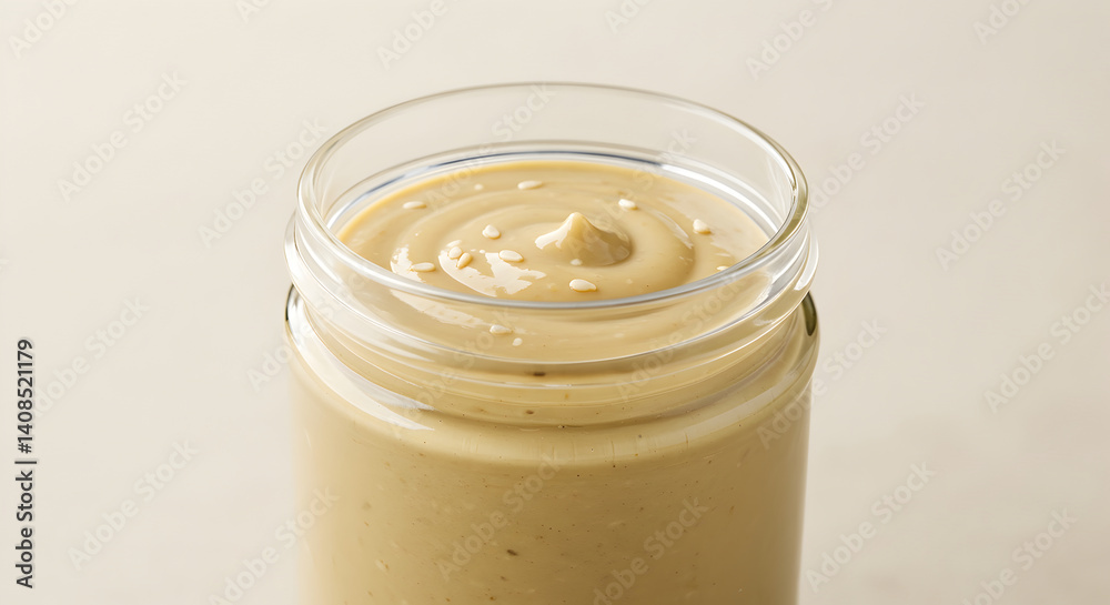 Creamy Tahini Delight In A Glass Jar With Sesame Seed Garnish