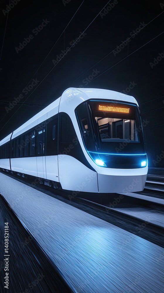 Naklejka premium Futuristic light rail train speeds through a dark tunnel.